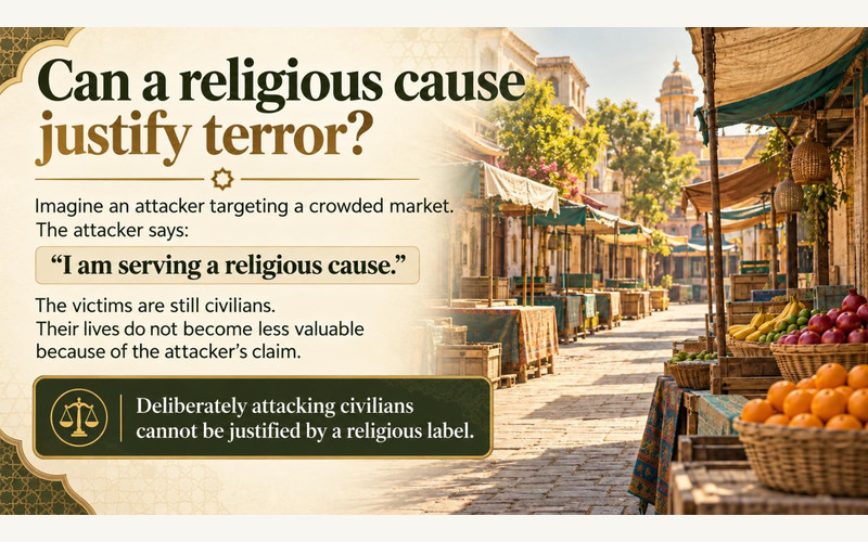 Exhibition illustration about When Fighting Is Permitted, and When Terror Is Never Justified